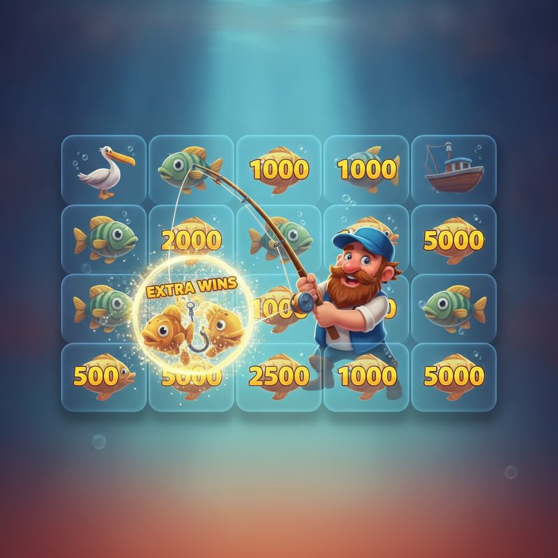Fishin Frenzy free games feature with fisherman wild catching fish prize values on screen