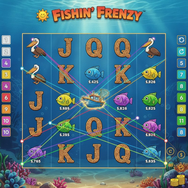Fishin Frenzy gameplay showing active coloured paylines across the five reel three row grid