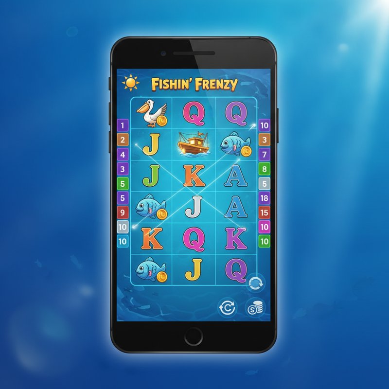 Fishin Frenzy slot by Real Time Gaming displayed on mobile device with ocean backdrop