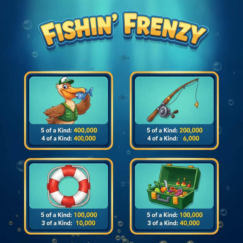 Fishin Frenzy paytable displaying pelican, fishing rod, life preserver and tackle box symbol payouts
